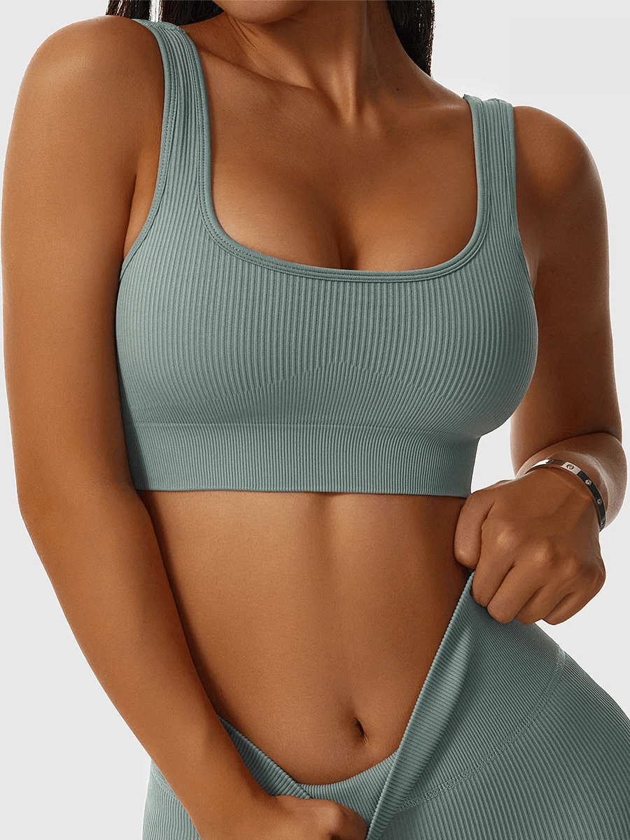 Seamless Ribbed Sports Bra for Women SF2186 in teal, supportive nylon-spandex blend, perfect for yoga, pilates, and workouts.